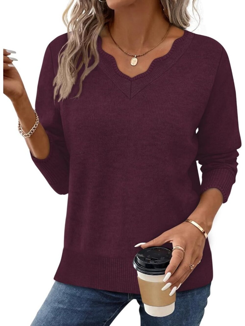 🆕Women's Purple V Neck Cozy Lightweight Long Sleeve Fall Pullover Sweater Tops